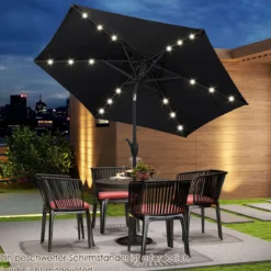 230 cm Sonnenschirm mit LED Solar Beleuchtung & Kurbel Gartenschirm Marktschirm