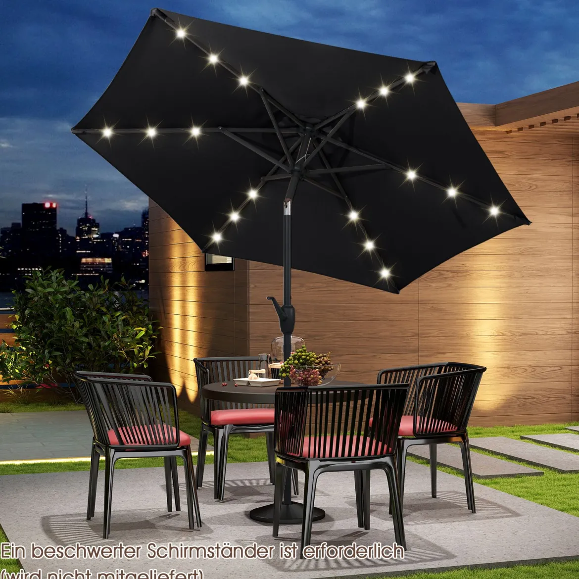 230 cm Sonnenschirm mit LED Solar Beleuchtung & Kurbel Gartenschirm Marktschirm