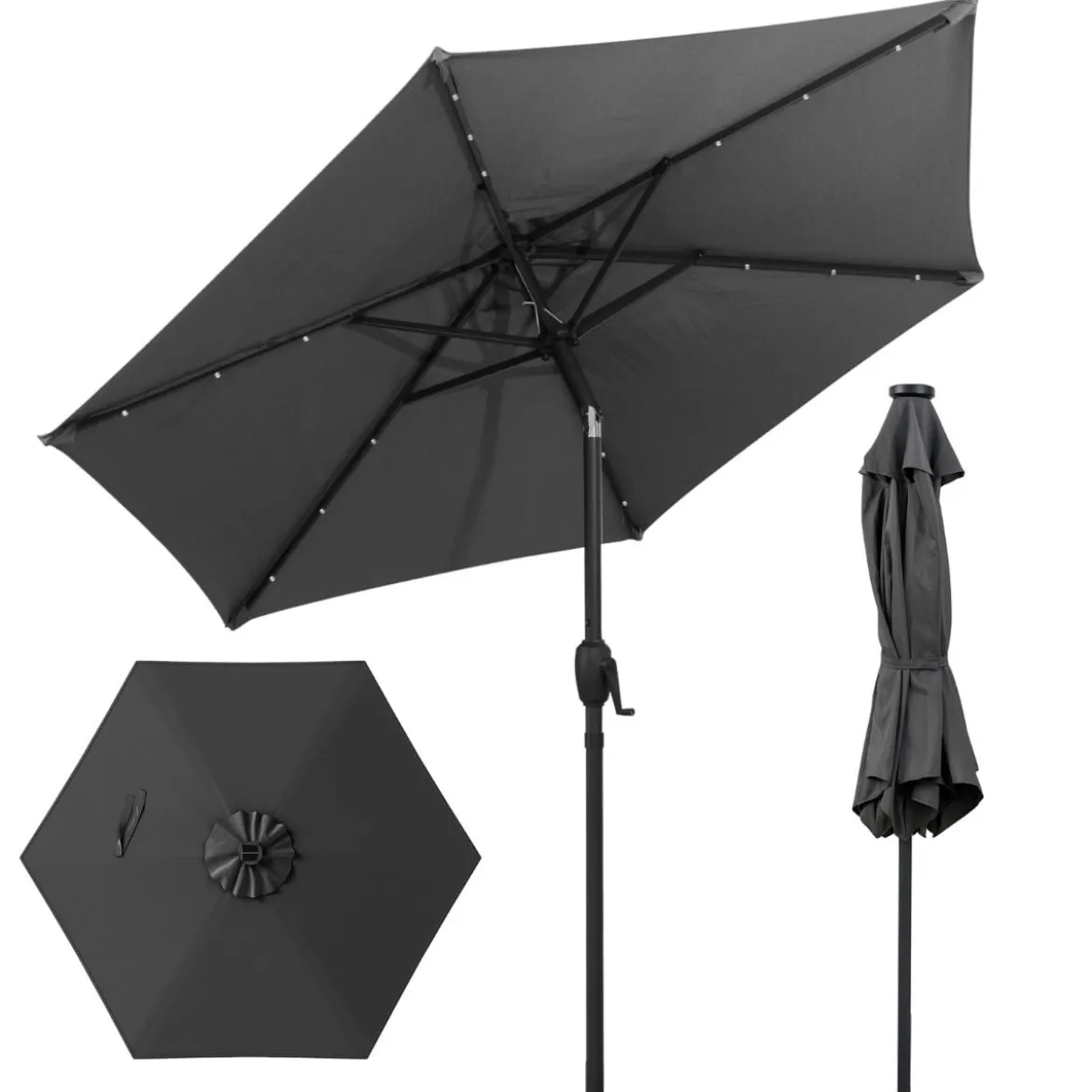 230 cm Sonnenschirm mit LED Solar Beleuchtung & Kurbel Gartenschirm Marktschirm