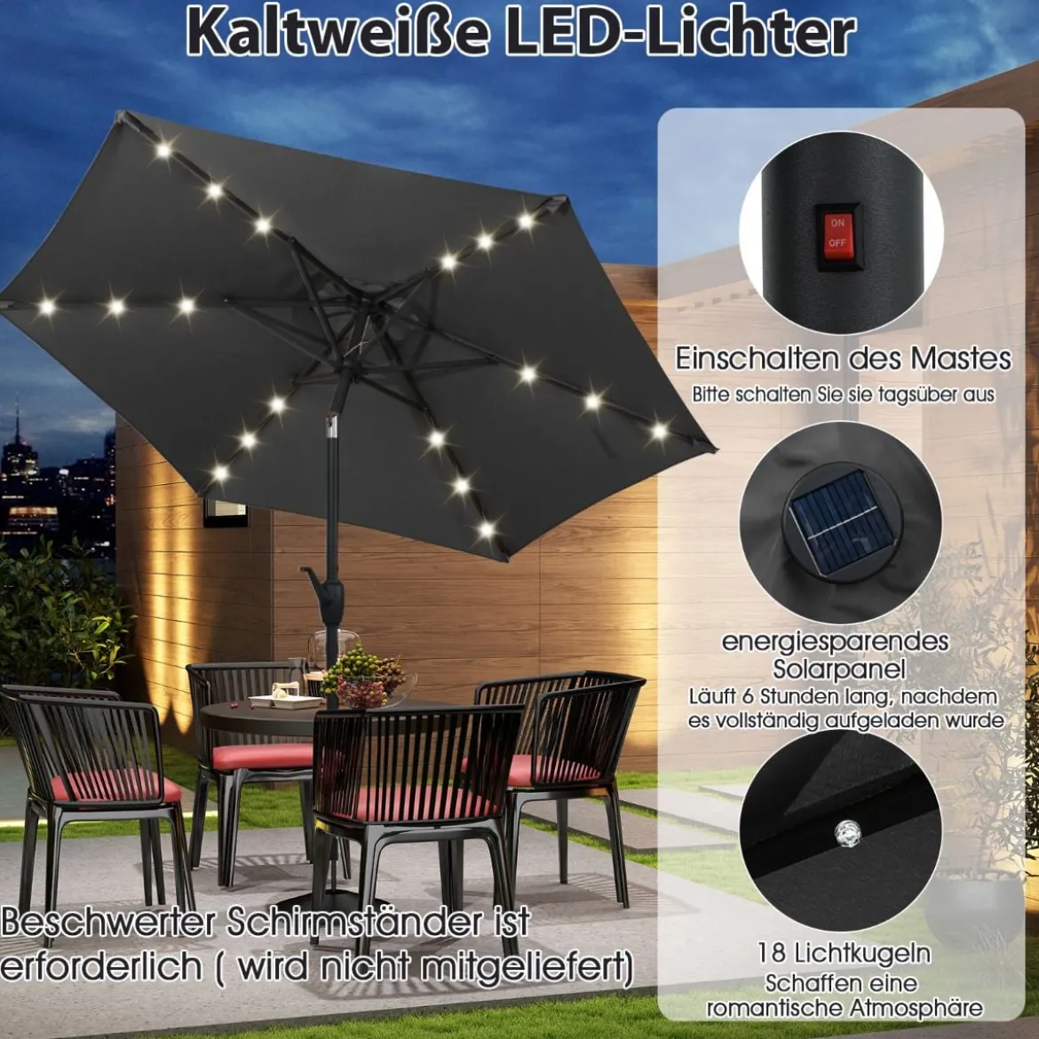 230 cm Sonnenschirm mit LED Solar Beleuchtung & Kurbel Gartenschirm Marktschirm