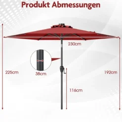 230 cm Sonnenschirm mit LED Solar Beleuchtung & Kurbel Gartenschirm Marktschirm