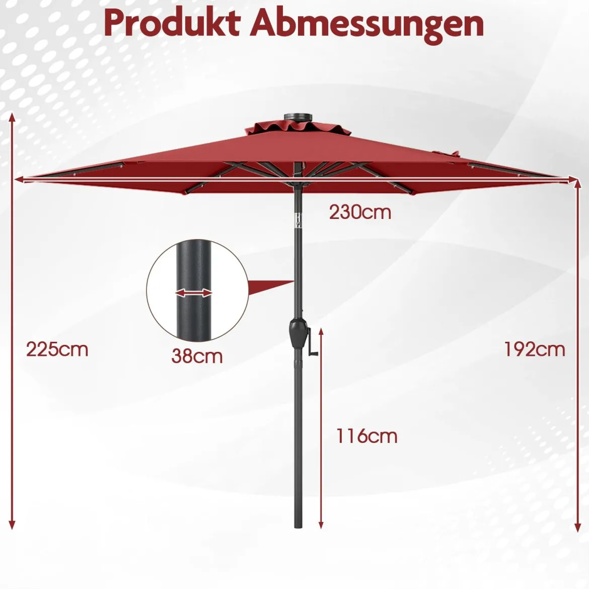 230 cm Sonnenschirm mit LED Solar Beleuchtung & Kurbel Gartenschirm Marktschirm