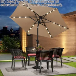 230 cm Sonnenschirm mit LED Solar Beleuchtung & Kurbel Gartenschirm Marktschirm