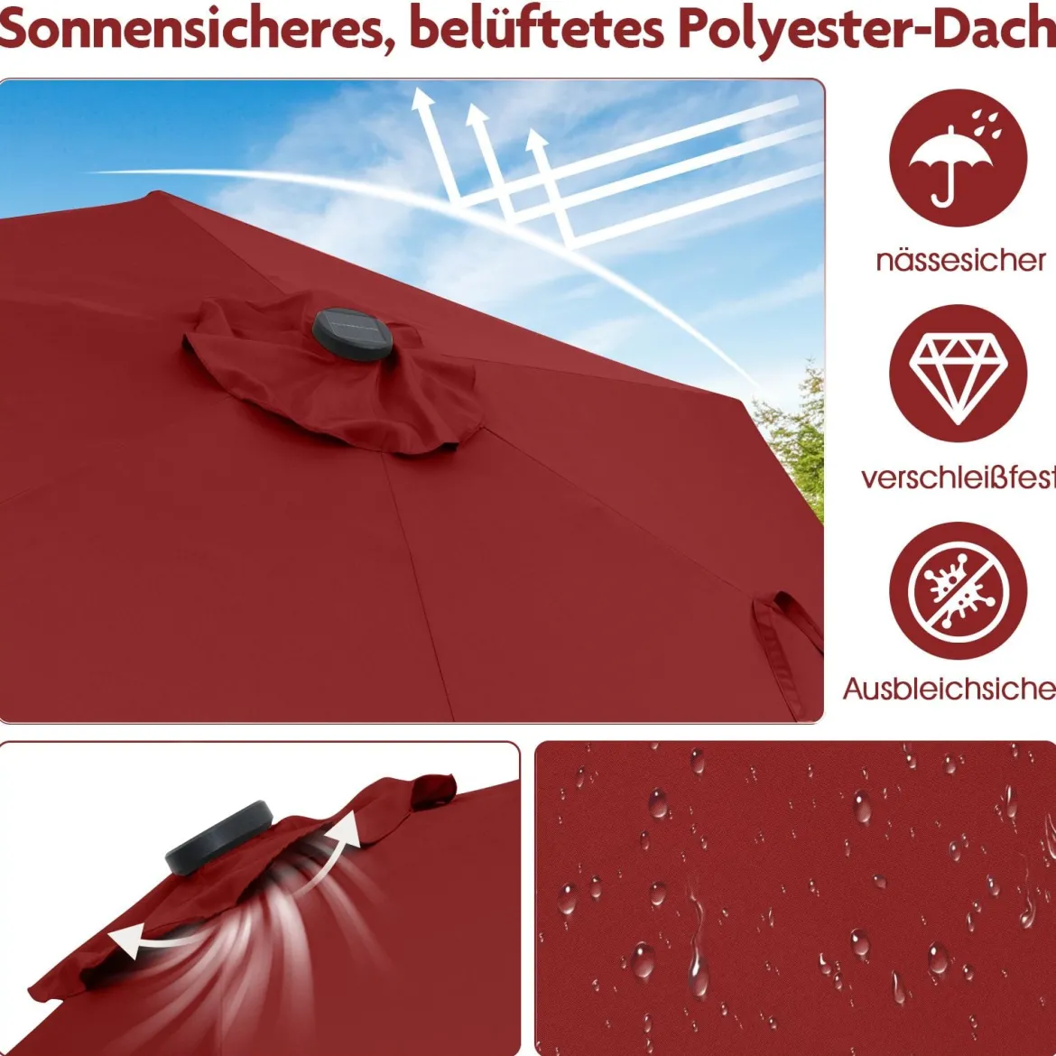 230 cm Sonnenschirm mit LED Solar Beleuchtung & Kurbel Gartenschirm Marktschirm
