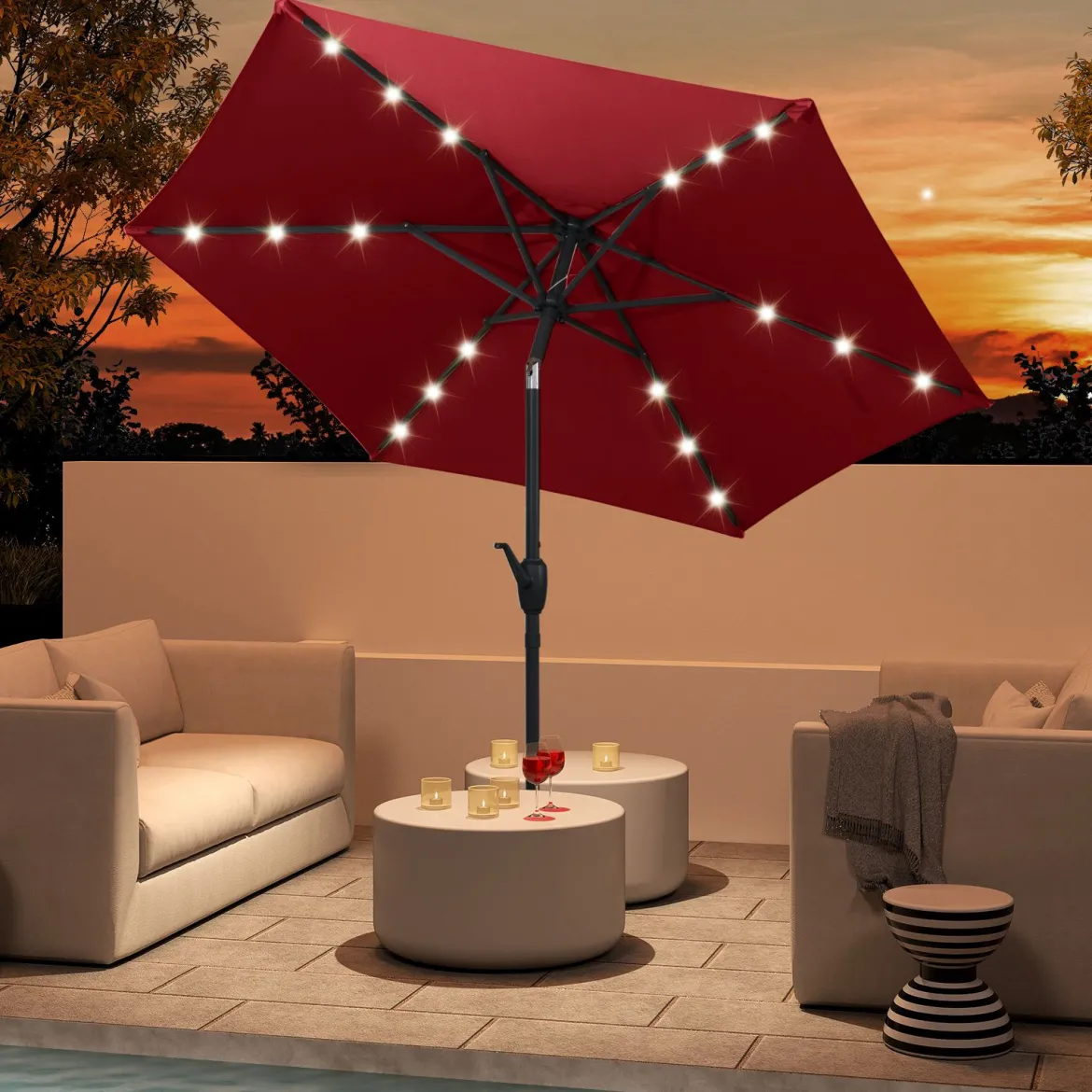230 cm Sonnenschirm mit LED Solar Beleuchtung & Kurbel Gartenschirm Marktschirm
