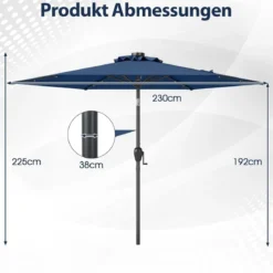 230 cm Sonnenschirm mit LED Solar Beleuchtung & Kurbel Gartenschirm Marktschirm