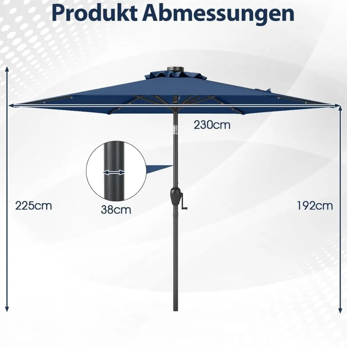 230 cm Sonnenschirm mit LED Solar Beleuchtung & Kurbel Gartenschirm Marktschirm