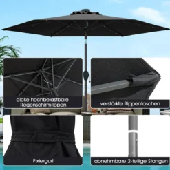 230 cm Sonnenschirm mit LED Solar Beleuchtung & Kurbel Gartenschirm Marktschirm