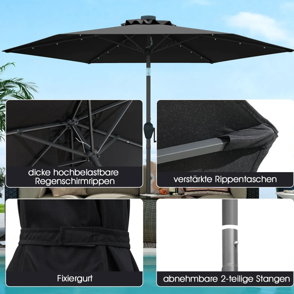 230 cm Sonnenschirm mit LED Solar Beleuchtung & Kurbel Gartenschirm Marktschirm