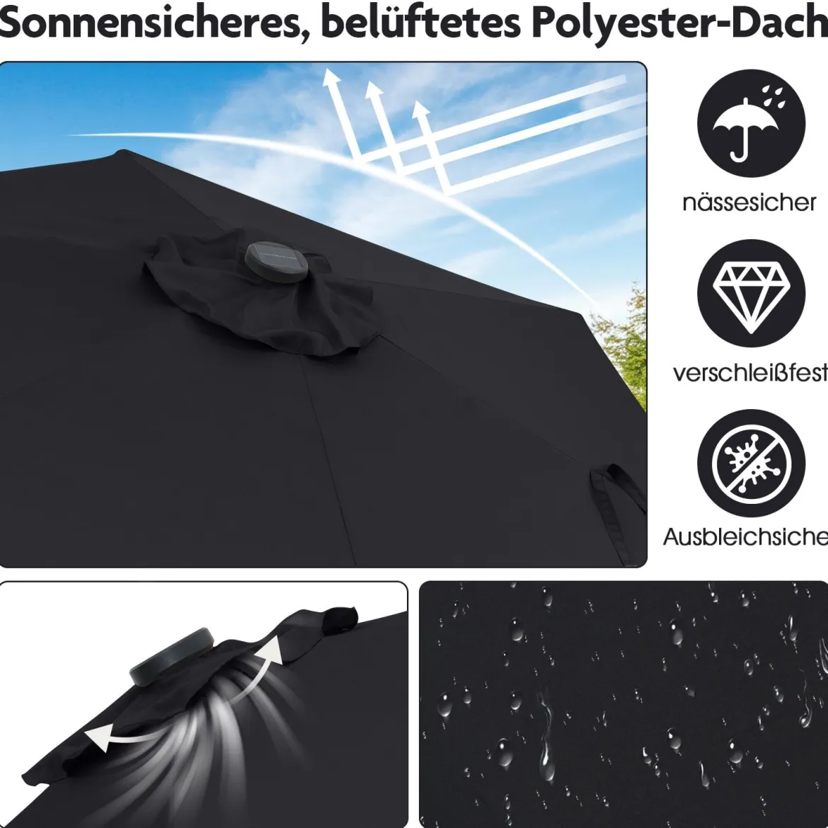 230 cm Sonnenschirm mit LED Solar Beleuchtung & Kurbel Gartenschirm Marktschirm