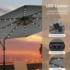 300 cm Sonnenschirm mit 32 Solar-LED-Leuchten & Kurbel Gartenschirm Marktschirm