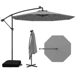 250 cm Sonnenschirm mit Ständer und LED-Leuchten Ampelschirm mit Kurbel Gartenschirm Grau