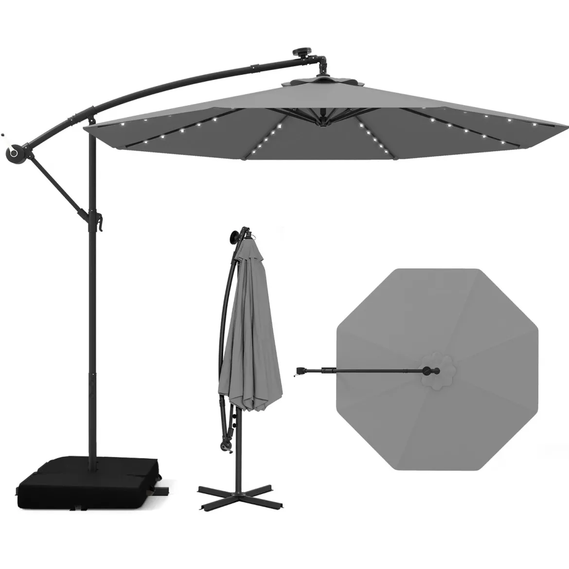 250 cm Sonnenschirm mit Ständer und LED-Leuchten Ampelschirm mit Kurbel Gartenschirm Grau