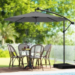 250 cm Sonnenschirm mit Ständer und LED-Leuchten Ampelschirm mit Kurbel Gartenschirm Grau