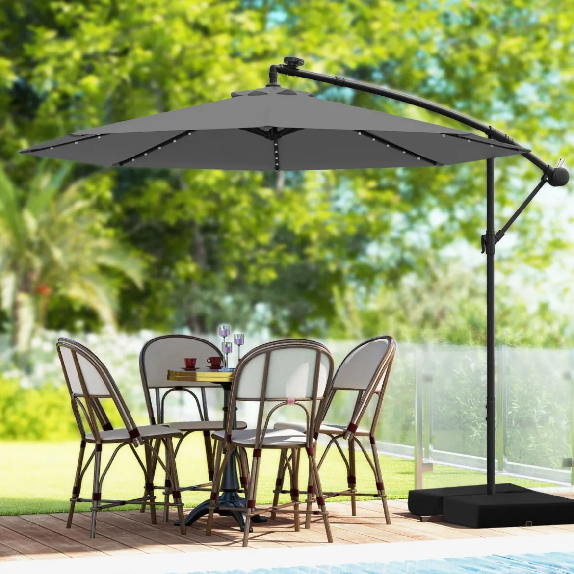 250 cm Sonnenschirm mit Ständer und LED-Leuchten Ampelschirm mit Kurbel Gartenschirm Grau