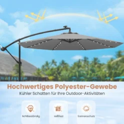 250 cm Sonnenschirm mit Ständer und LED-Leuchten Ampelschirm mit Kurbel Gartenschirm Grau