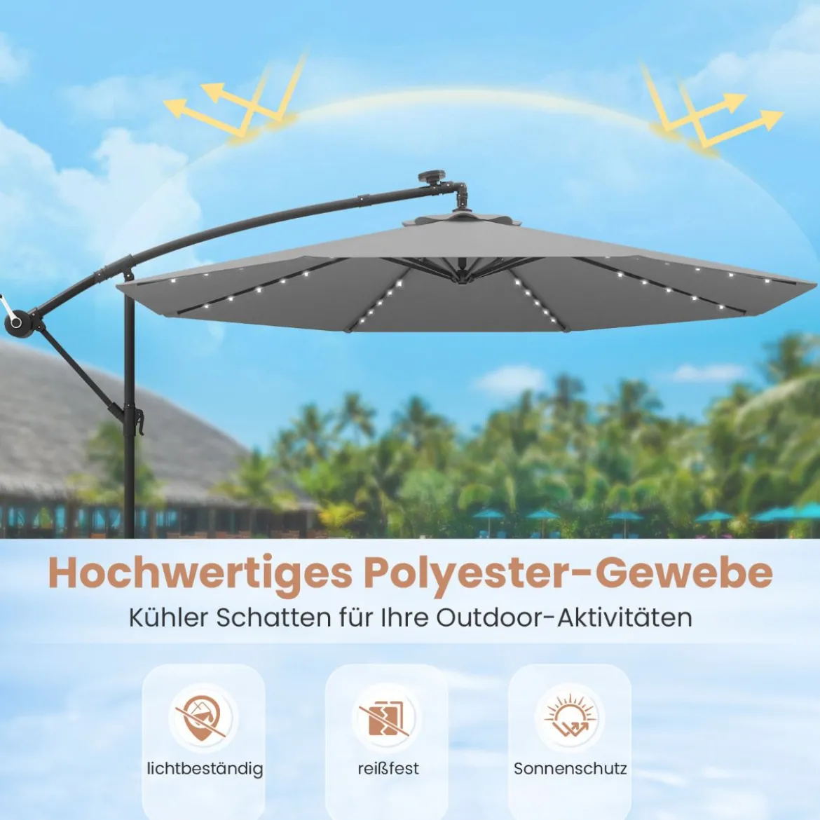 250 cm Sonnenschirm mit Ständer und LED-Leuchten Ampelschirm mit Kurbel Gartenschirm Grau