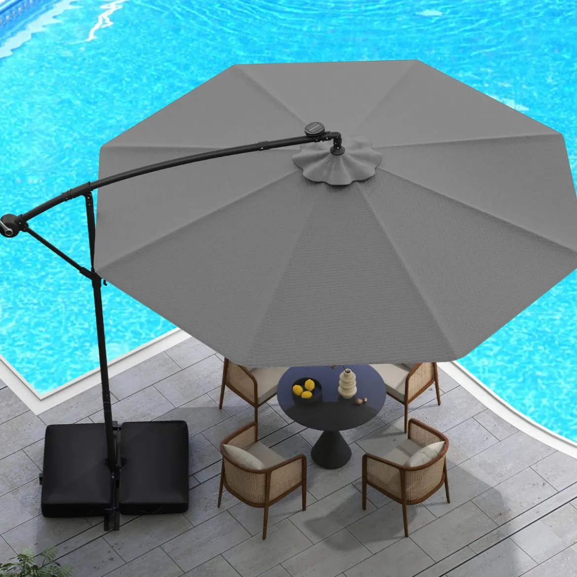 250 cm Sonnenschirm mit Ständer und LED-Leuchten Ampelschirm mit Kurbel Gartenschirm Grau