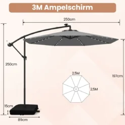 250 cm Sonnenschirm mit Ständer und LED-Leuchten Ampelschirm mit Kurbel Gartenschirm Grau