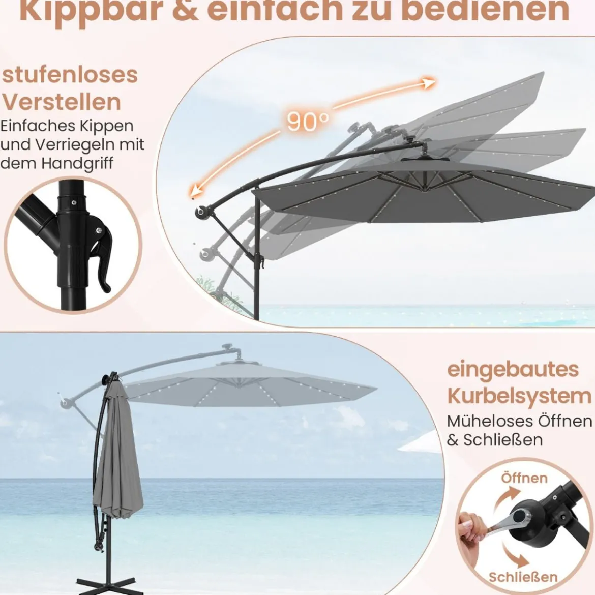 250 cm Sonnenschirm mit Ständer und LED-Leuchten Ampelschirm mit Kurbel Gartenschirm Grau