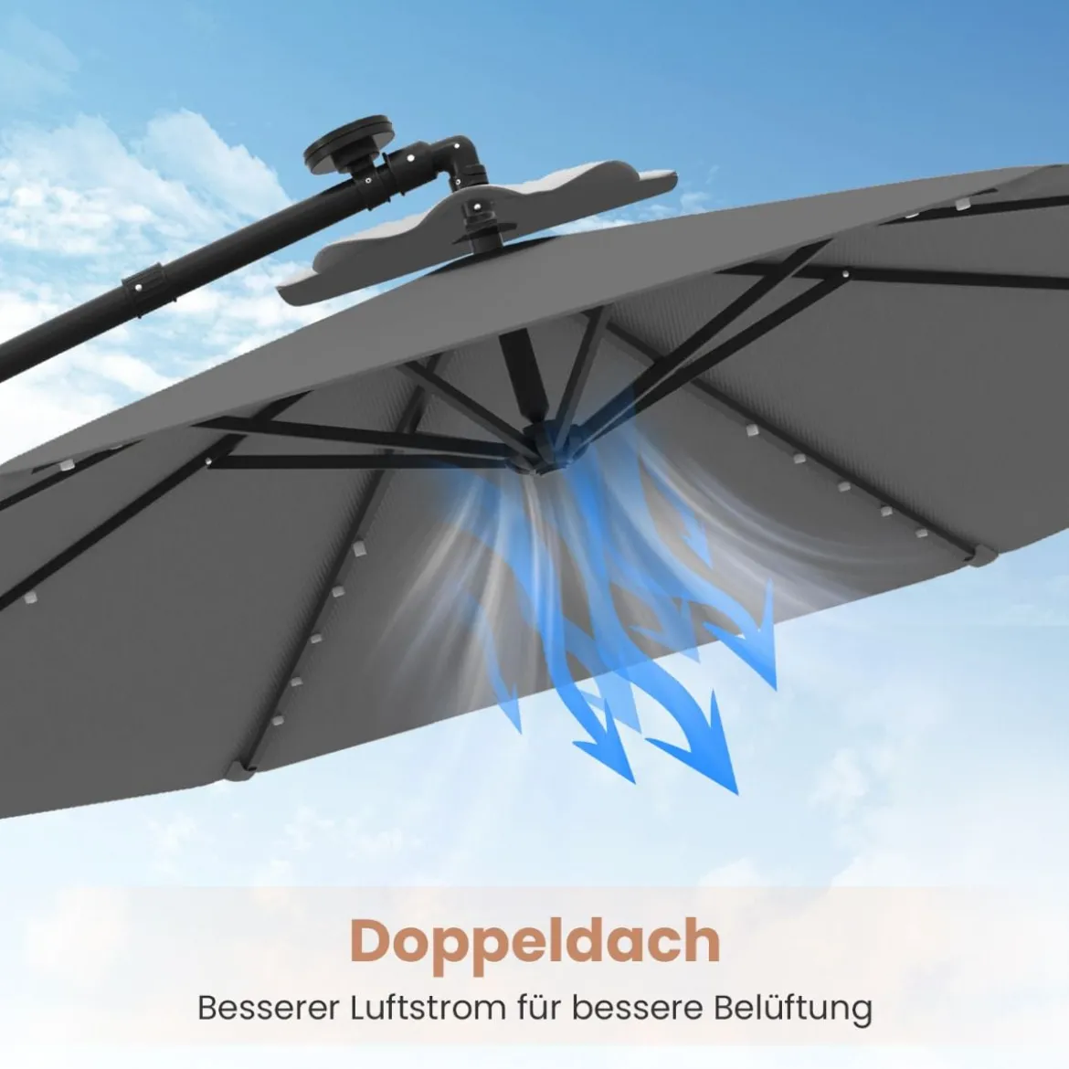 250 cm Sonnenschirm mit Ständer und LED-Leuchten Ampelschirm mit Kurbel Gartenschirm Grau