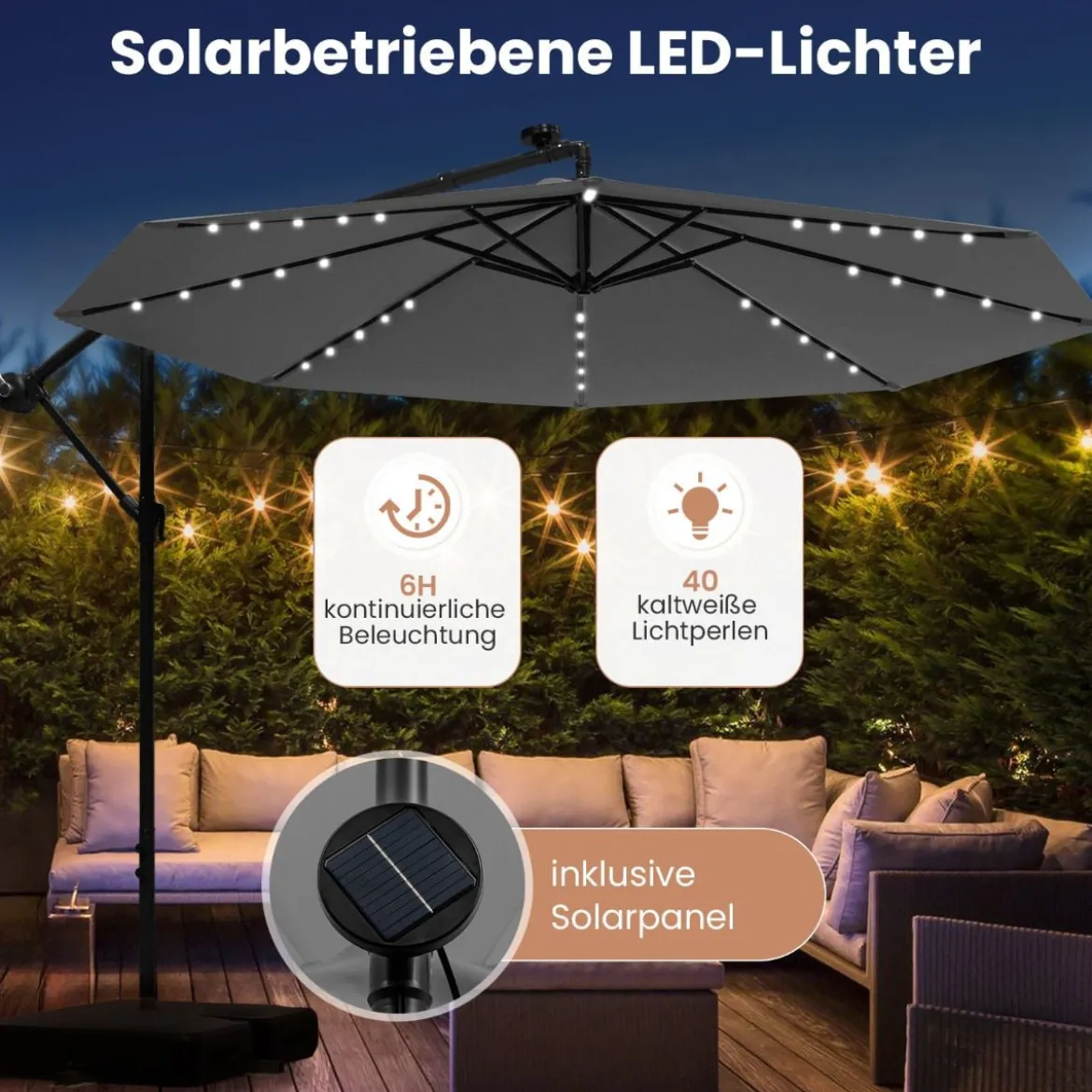 250 cm Sonnenschirm mit Ständer und LED-Leuchten Ampelschirm mit Kurbel Gartenschirm Grau