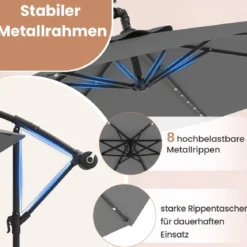250 cm Sonnenschirm mit Ständer und LED-Leuchten Ampelschirm mit Kurbel Gartenschirm Grau