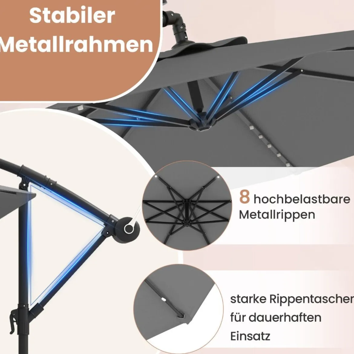 250 cm Sonnenschirm mit Ständer und LED-Leuchten Ampelschirm mit Kurbel Gartenschirm Grau