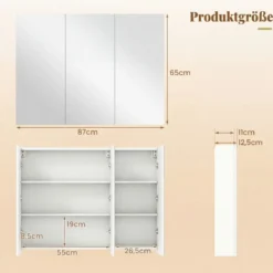 87 cm Spiegelschrank mit 3 Türen Wandmontiert Einbau-Badspiegelschrank mit 6 Fächern Weiß