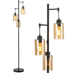 164cm Standleuchte mit 3 Hängenden Braunglasschirmen & Fußschalter & Metallbasis Stehlampe