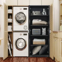 178 cm 5 Stöckiger Hochschrank mit 2 Türen & Verstellbaren Regalen & Kippsicherung Schwarz