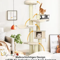 197 cm 7-stöckiger Holz Kratzbaum mit Hängematte & Katzenhöhle & Hängekorb & Bällen Katzenbaum