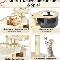 197 cm 7-stöckiger Holz Kratzbaum mit Hängematte & Katzenhöhle & Hängekorb & Bällen Katzenbaum