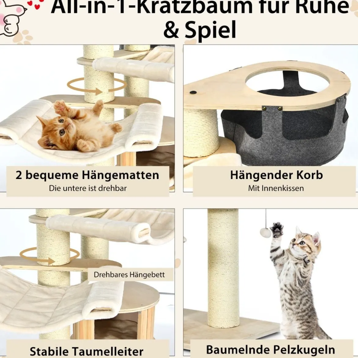 197 cm 7-stöckiger Holz Kratzbaum mit Hängematte & Katzenhöhle & Hängekorb & Bällen Katzenbaum