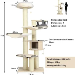 197 cm 7-stöckiger Holz Kratzbaum mit Hängematte & Katzenhöhle & Hängekorb & Bällen Katzenbaum