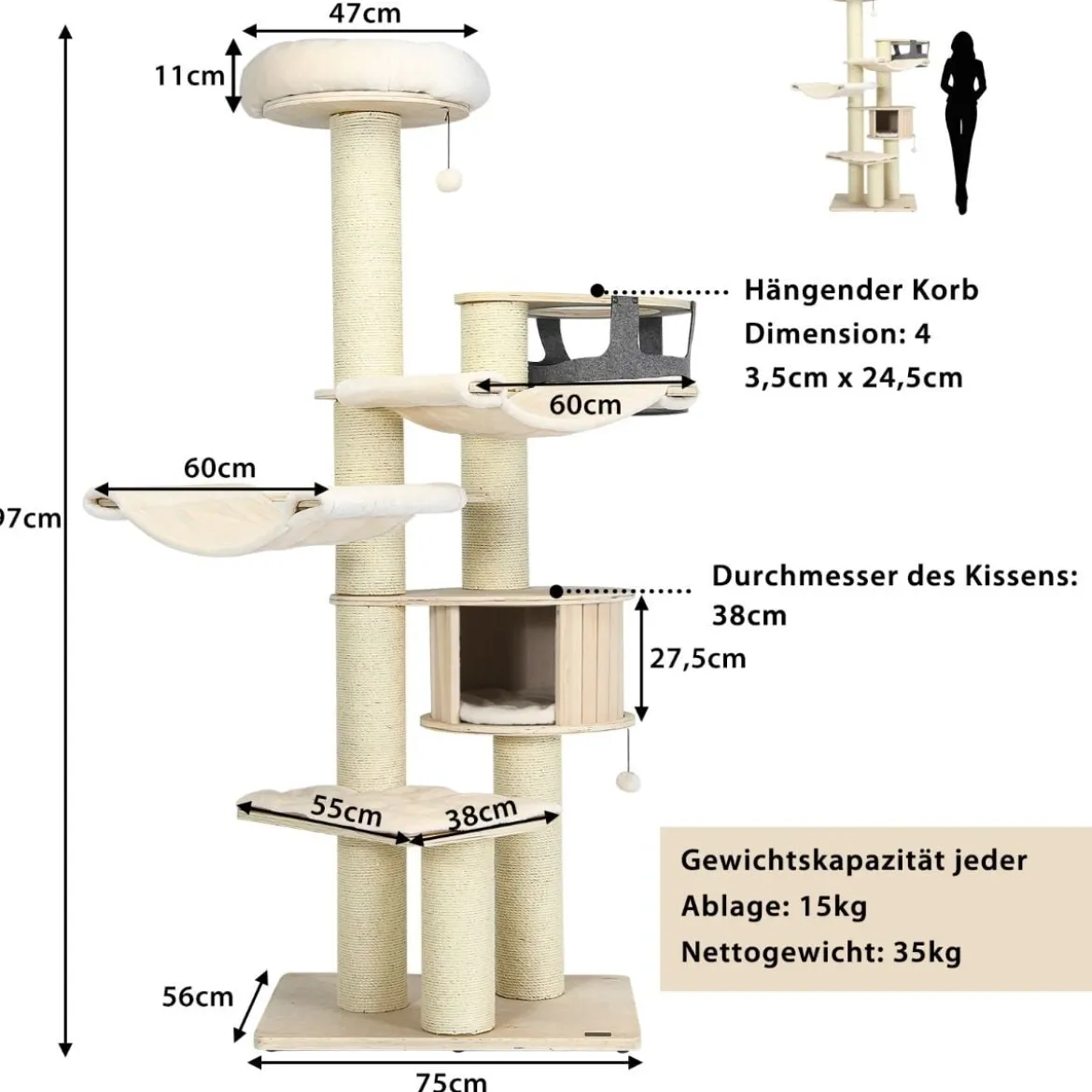 197 cm 7-stöckiger Holz Kratzbaum mit Hängematte & Katzenhöhle & Hängekorb & Bällen Katzenbaum