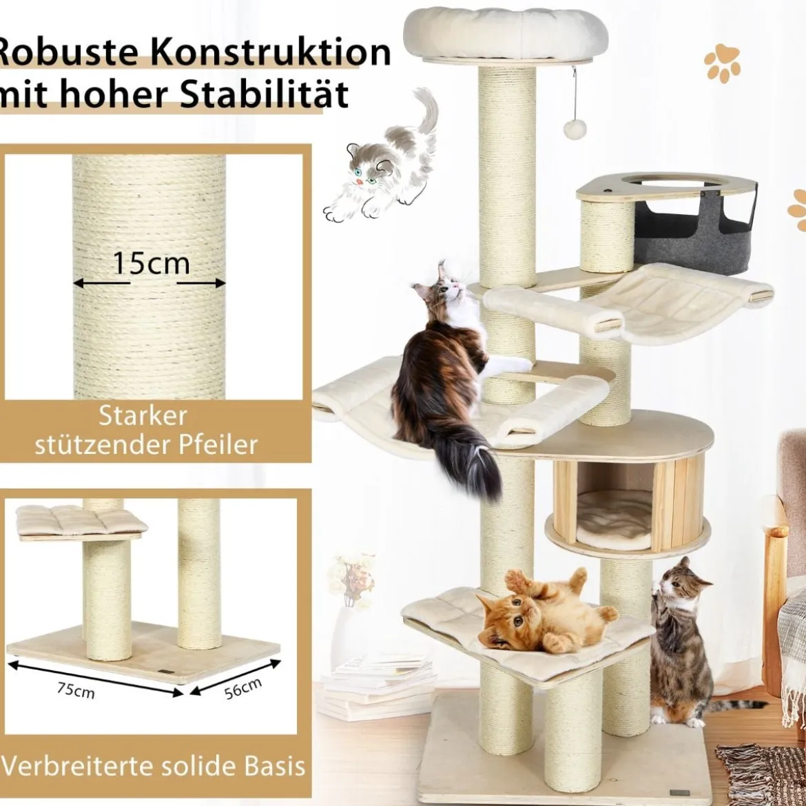 197 cm 7-stöckiger Holz Kratzbaum mit Hängematte & Katzenhöhle & Hängekorb & Bällen Katzenbaum