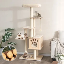 170 cm 6-stöckiger Kratzbaum aus Holz mit Gemütlicher Matten & Höhle & Sisalseil Beige