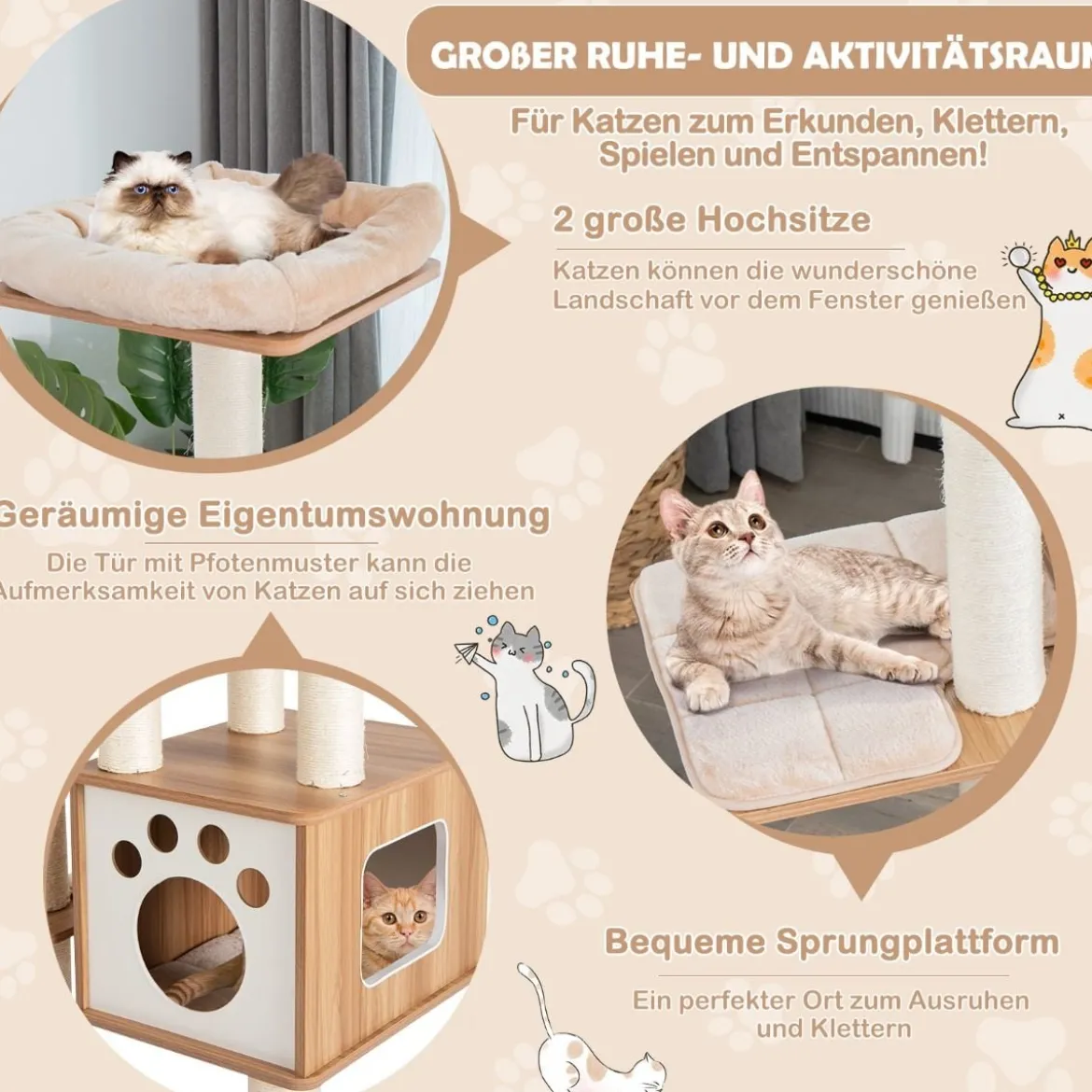 176 cm 6-stöckiger Kratzbaum mit Gemütlicher Matten & Höhle & Katzenbogen Beige/Grau