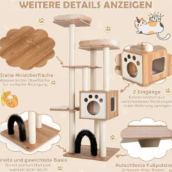 176 cm 6-stöckiger Kratzbaum mit Gemütlicher Matten & Höhle & Katzenbogen Beige/Grau