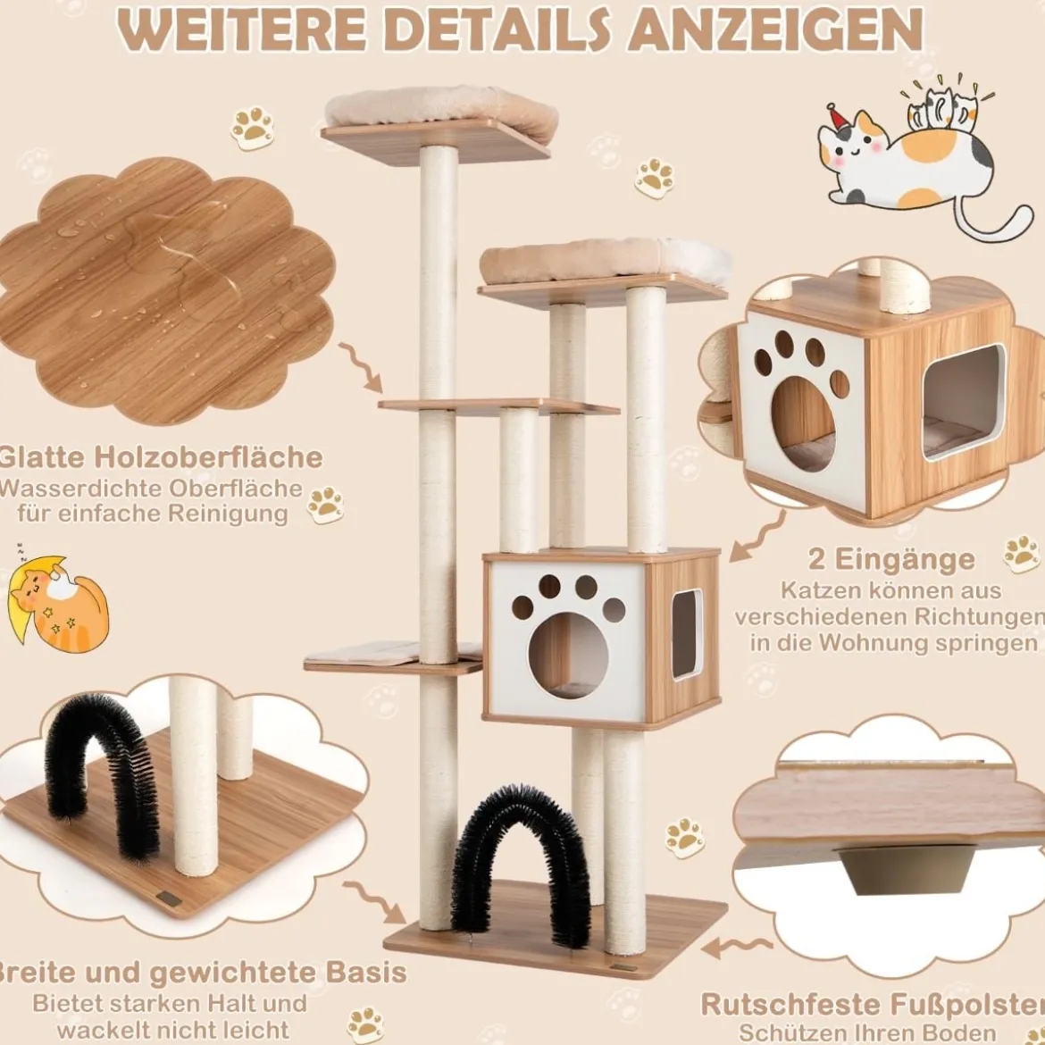 176 cm 6-stöckiger Kratzbaum mit Gemütlicher Matten & Höhle & Katzenbogen Beige/Grau