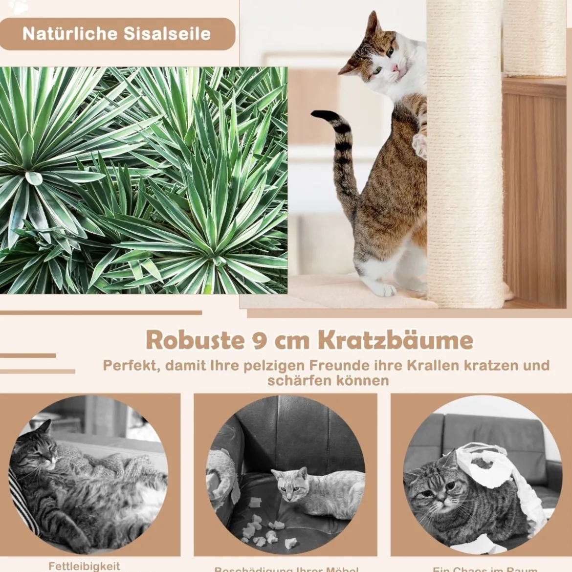176 cm 6-stöckiger Kratzbaum mit Gemütlicher Matten & Höhle & Katzenbogen Beige/Grau