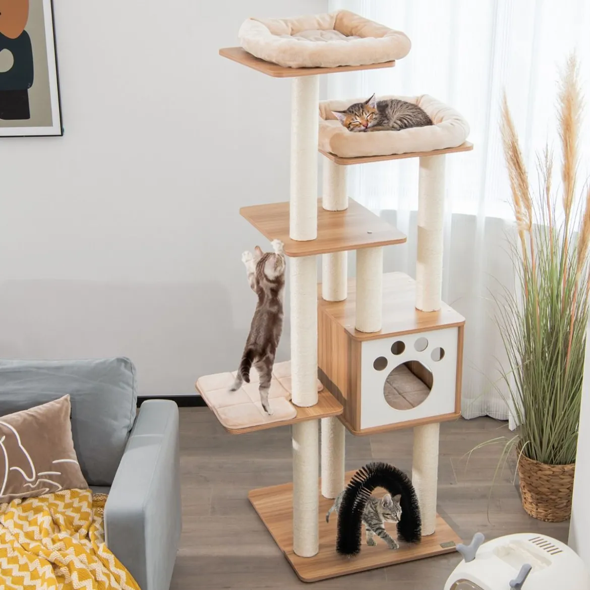 176 cm 6-stöckiger Kratzbaum mit Gemütlicher Matten & Höhle & Katzenbogen Beige/Grau