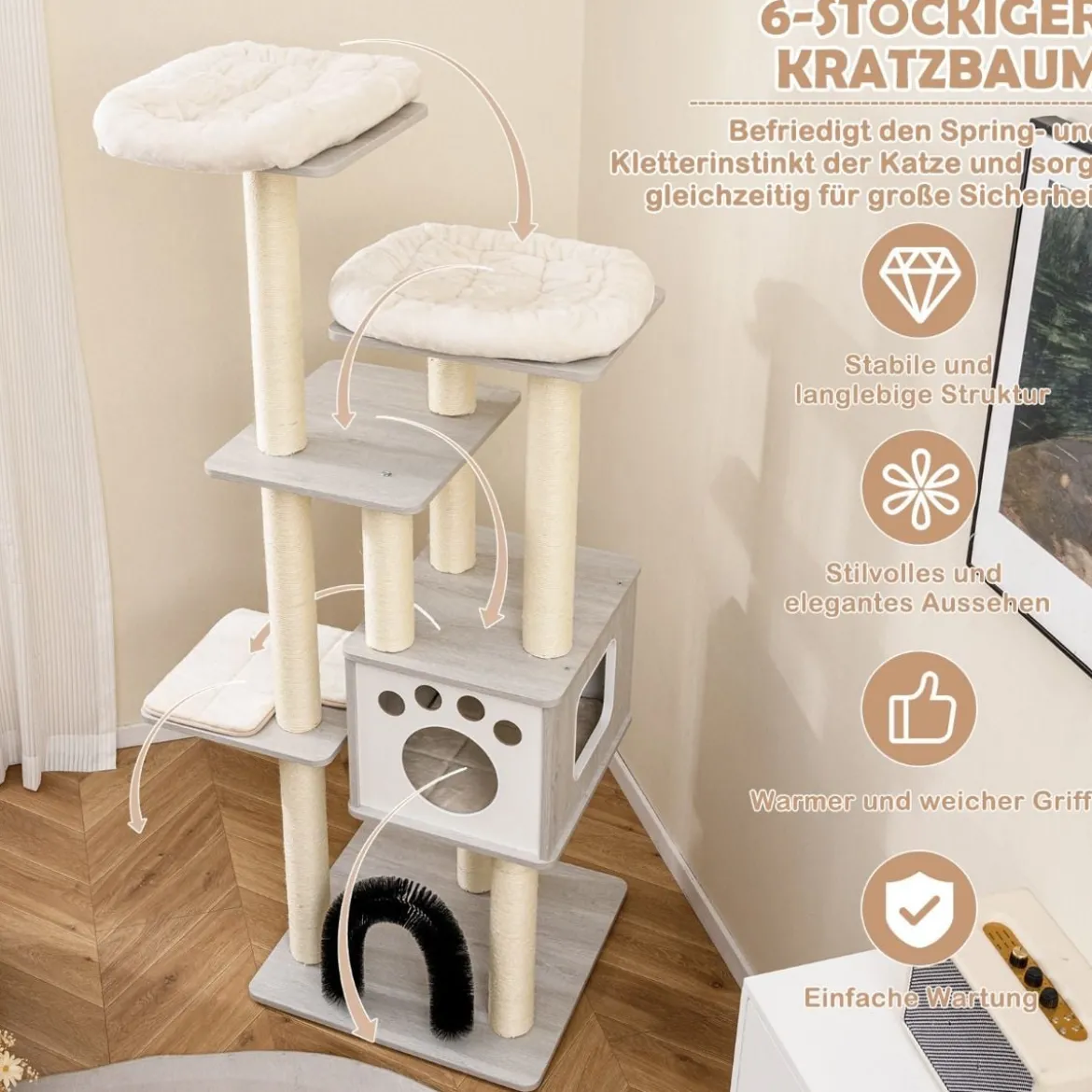 176 cm 6-stöckiger Kratzbaum mit Gemütlicher Matten & Höhle & Katzenbogen Beige/Grau