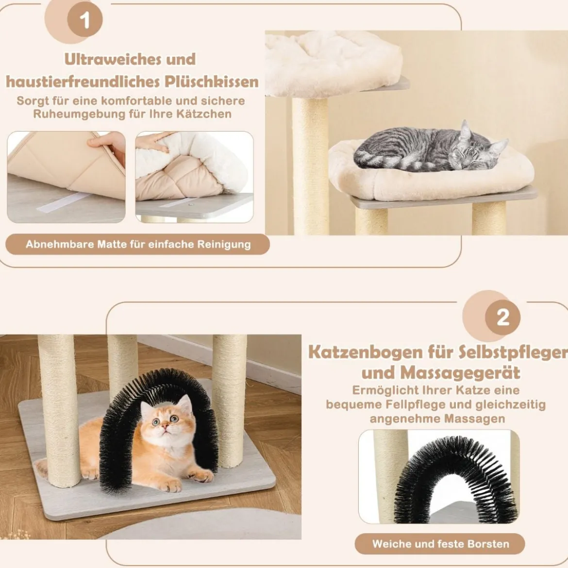 176 cm 6-stöckiger Kratzbaum mit Gemütlicher Matten & Höhle & Katzenbogen Beige/Grau