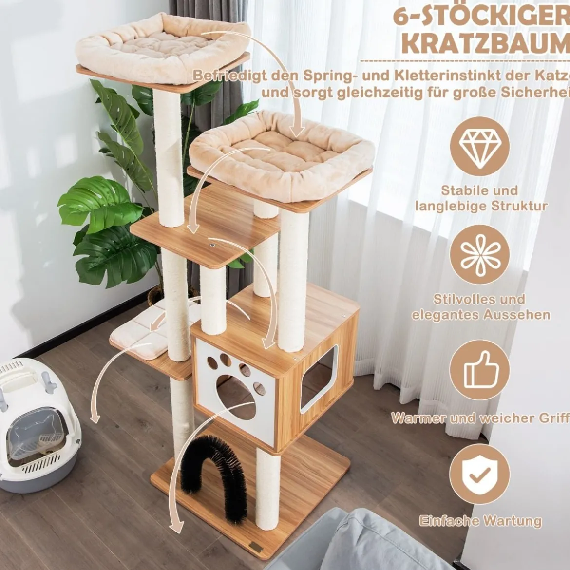 176 cm 6-stöckiger Kratzbaum mit Gemütlicher Matten & Höhle & Katzenbogen Beige/Grau