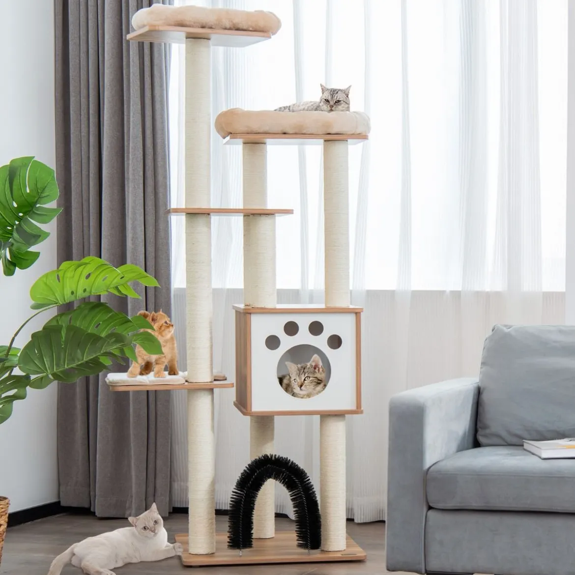 176 cm 6-stöckiger Kratzbaum mit Gemütlicher Matten & Höhle & Katzenbogen Beige/Grau