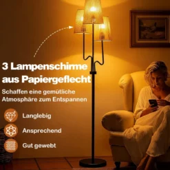 175cm Stehlampe 3 Flammige Stehleuchte mit Metallsockel & Papiergeflecht Lampenschirm Leselampe