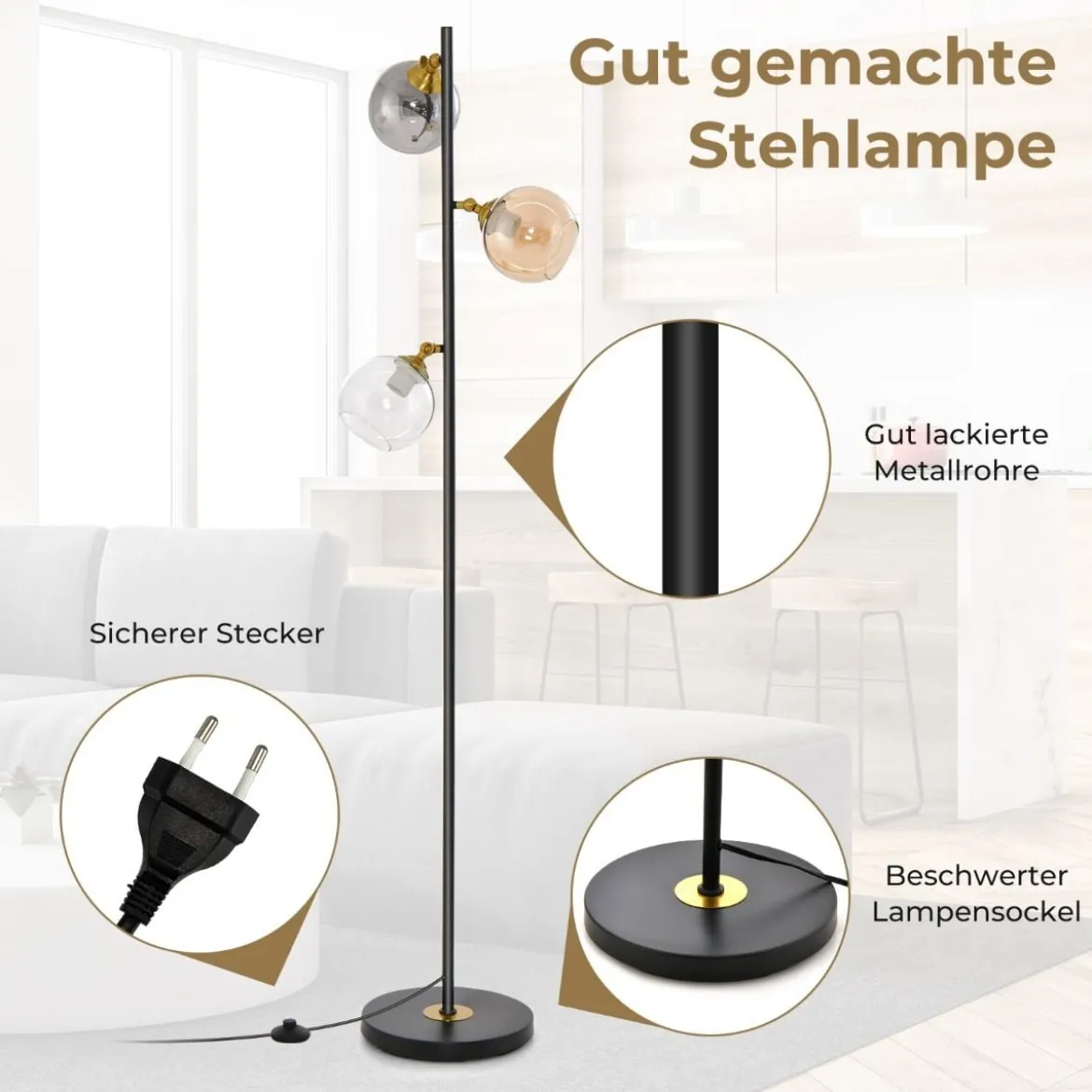 162cm Stehlampe 3 flammig freistehende Stehleuchte mit Fußschalter Metallmast Leselampe für Wohnzimmer Schlafzimmer