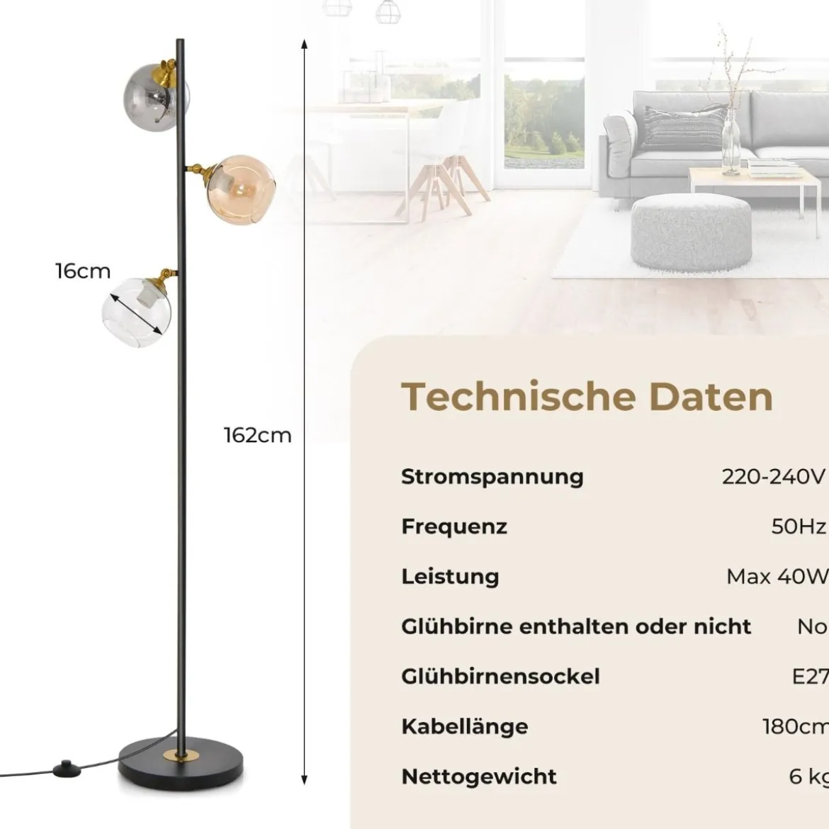 162cm Stehlampe 3 flammig freistehende Stehleuchte mit Fußschalter Metallmast Leselampe für Wohnzimmer Schlafzimmer